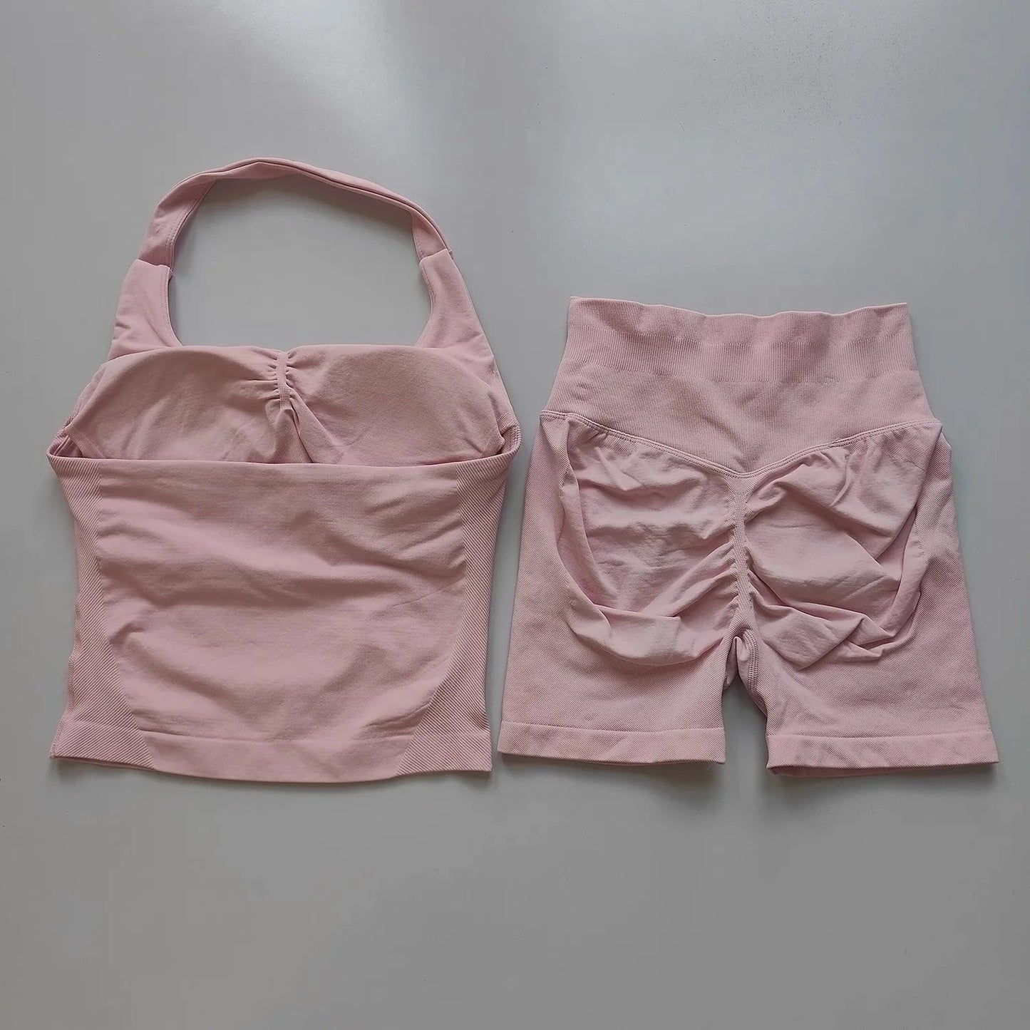 2PCs Peach High Waist Belly Hip Lifting Sports Bras Shorts Suit Gathering Shock-proof Neck Halter Yoga Suit Running Fitness Set