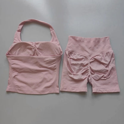 2PCs Peach High Waist Belly Hip Lifting Sports Bras Shorts Suit Gathering Shock-proof Neck Halter Yoga Suit Running Fitness Set