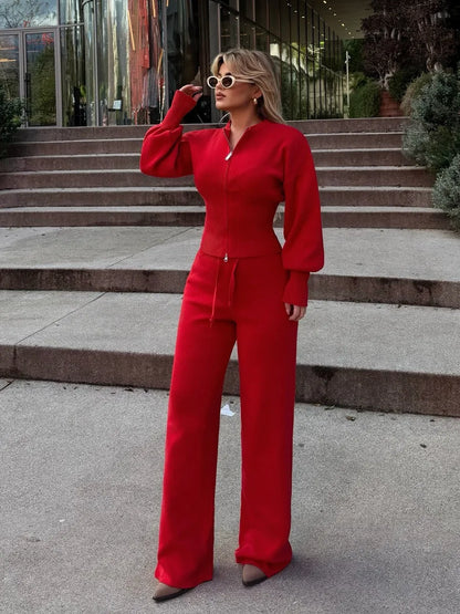 Bornladies 2026 Spring  New Knitted Wo-piece Set Zipper Top High-waisted Elastic Waist Straight Pants Set Mininalist Casual Suit