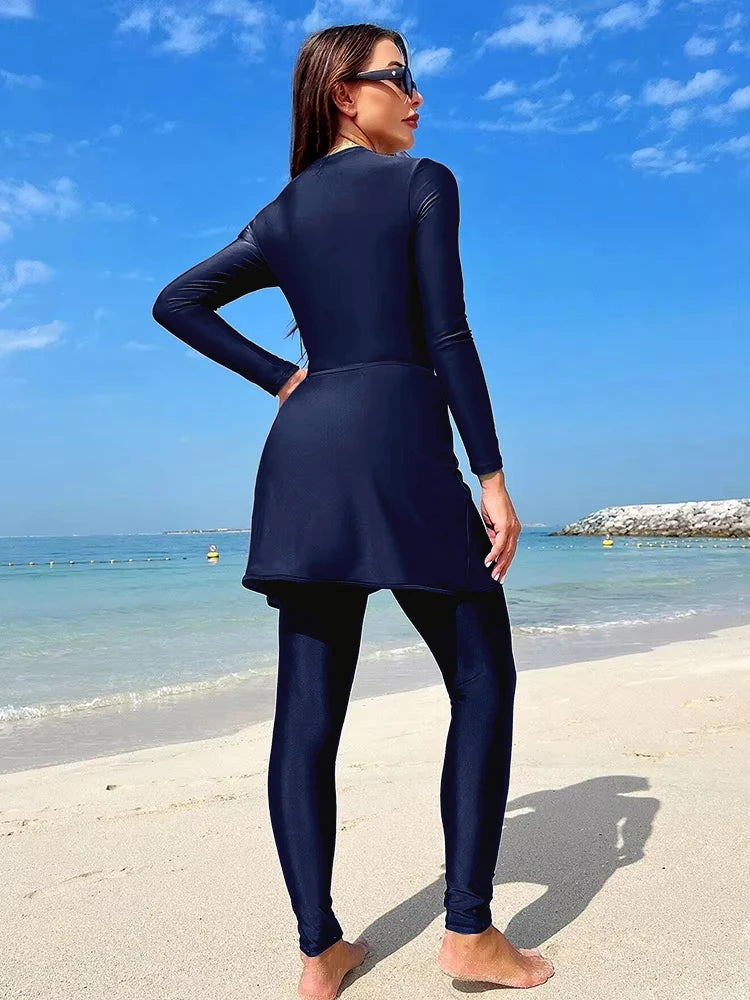 3PCS/Set Dark Blue Black Modest Burkini Women Femmes Islamic Swim Suit Swimwear Swimsuit, Quick Drying, Sunscreen, UPF50+