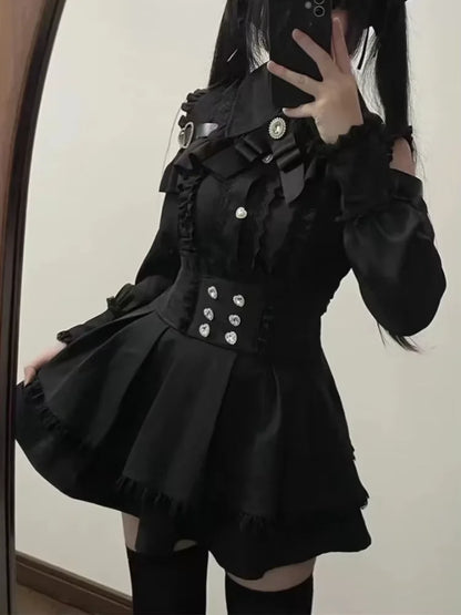 Japanese Y2 Aesthetics Vintage Bow Dress Shorts Set Women Gothic Lolita Style Long Sleeve Shirt Dress Elegant Party Dress Suits