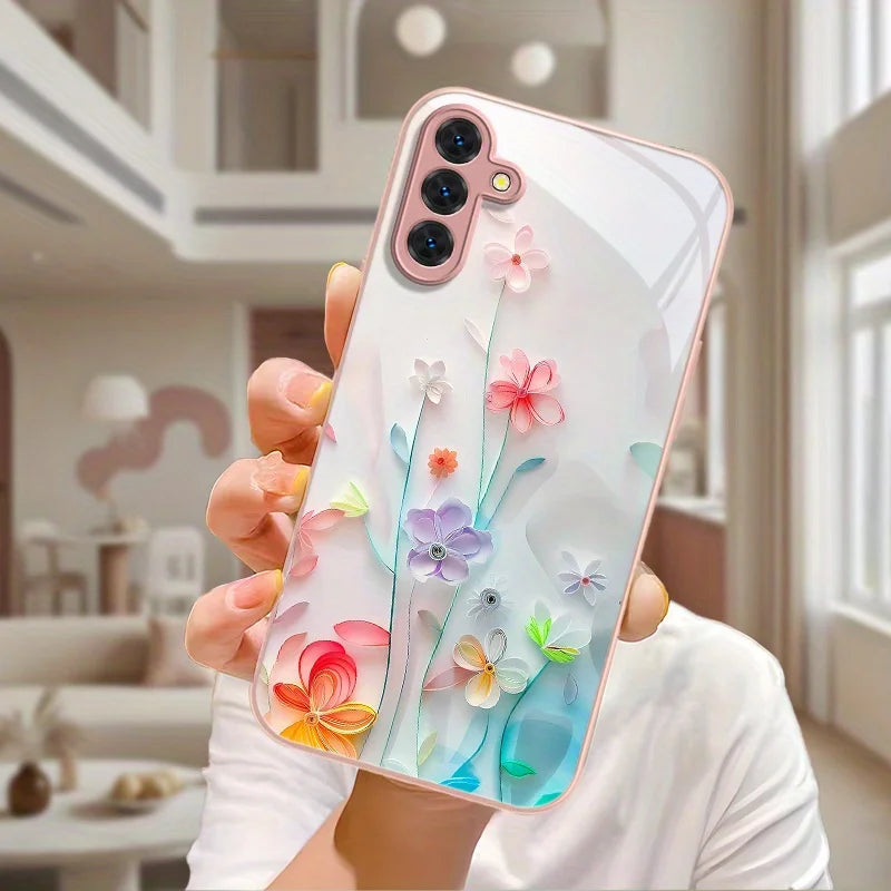 Hard Glass Flowers Case For Samsung S26 S25 Ultra S24 S23 Plus S21 FE S22 A57 A56 5G A55 A54 A36 A53 A52S A17 A34 A51 Case Cover
