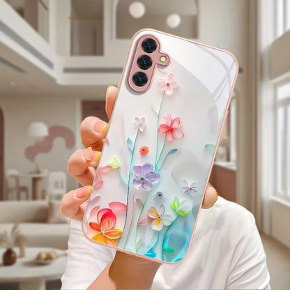 Hard Glass Flowers Case For Samsung S26 S25 Ultra S24 S23 Plus S21 FE S22 A57 A56 5G A55 A54 A36 A53 A52S A17 A34 A51 Case Cover