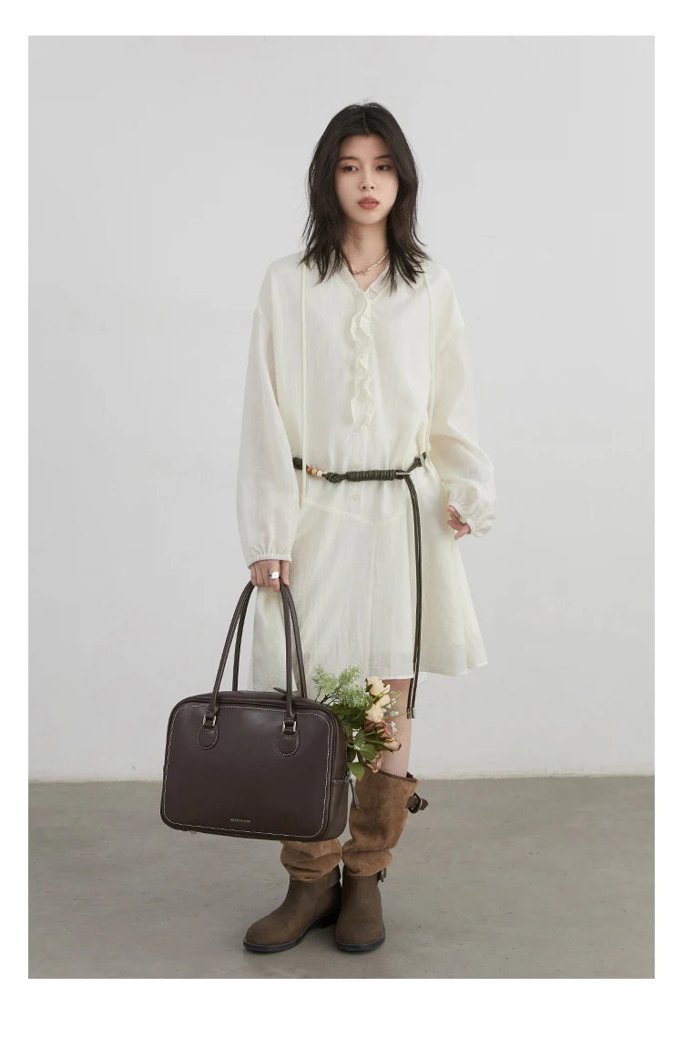 Women Loose Dress - Casual V-Neck Long Sleeve A-Line Knee Dress With Ruffled Lantern Sleeves