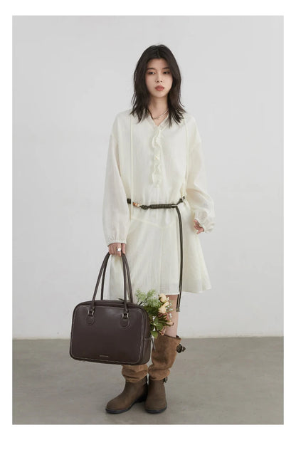Women Loose Dress - Casual V-Neck Long Sleeve A-Line Knee Dress With Ruffled Lantern Sleeves