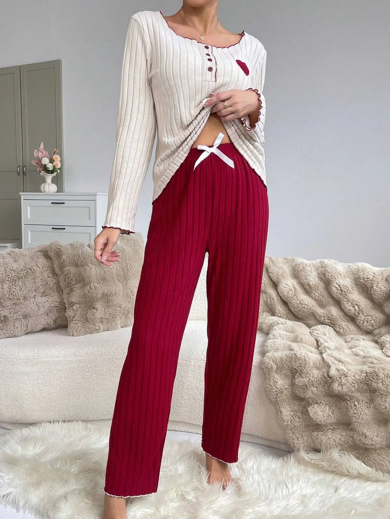 Women Autumn Winter Sleepwear Casual Long Sleeve Heart Printd Tops and Long Trousers Pajamas Set Homewear Loungewear