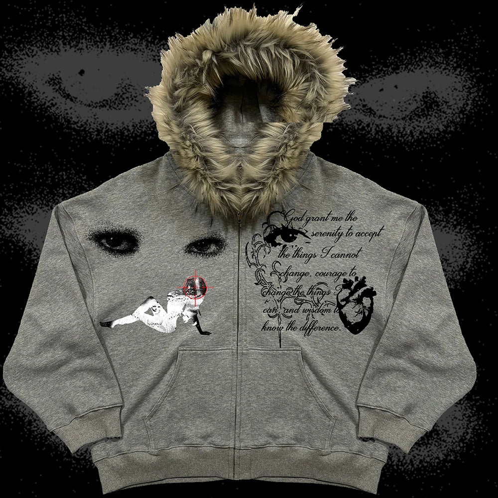 Retro Fashion Fur Collar Print Pattern Letter Hoodie Y2k Goth Street Men Women Loose Casual Sportswear Harajuku Jacket Zipper