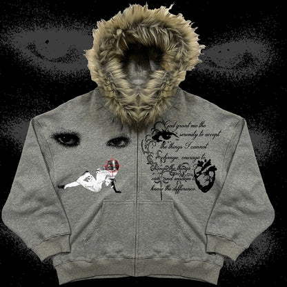 Retro Fashion Fur Collar Print Pattern Letter Hoodie Y2k Goth Street Men Women Loose Casual Sportswear Harajuku Jacket Zipper