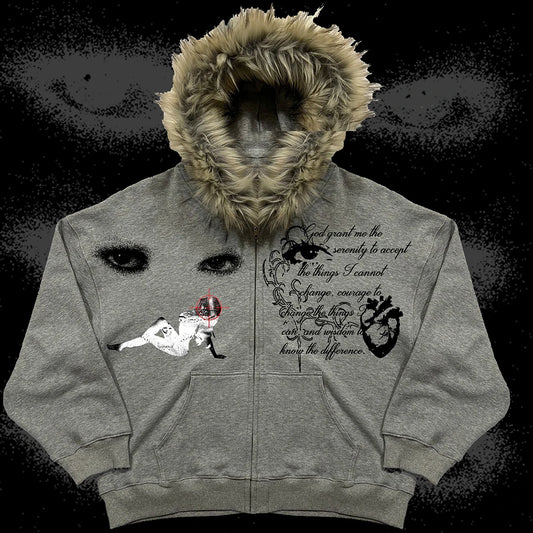 Retro Fashion Fur Collar Print Pattern Letter Hoodie Y2k Goth Street Men Women Loose Casual Sportswear Harajuku Jacket Zipper