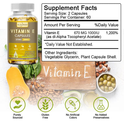 Alxfresh Vitamin E 670 mg (1000 IU) - Natural Dietary Supplement Antioxidant, Skin, Immune System Support, Gluten Free, Vegen