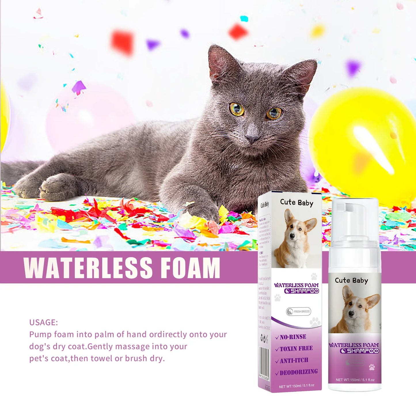 Water Free Dry Cleaning Mousse for Cats Dogs No Rinse Foam Spray Shampoo with Deodorizing Deep Cleaning Gentle Bath Gel