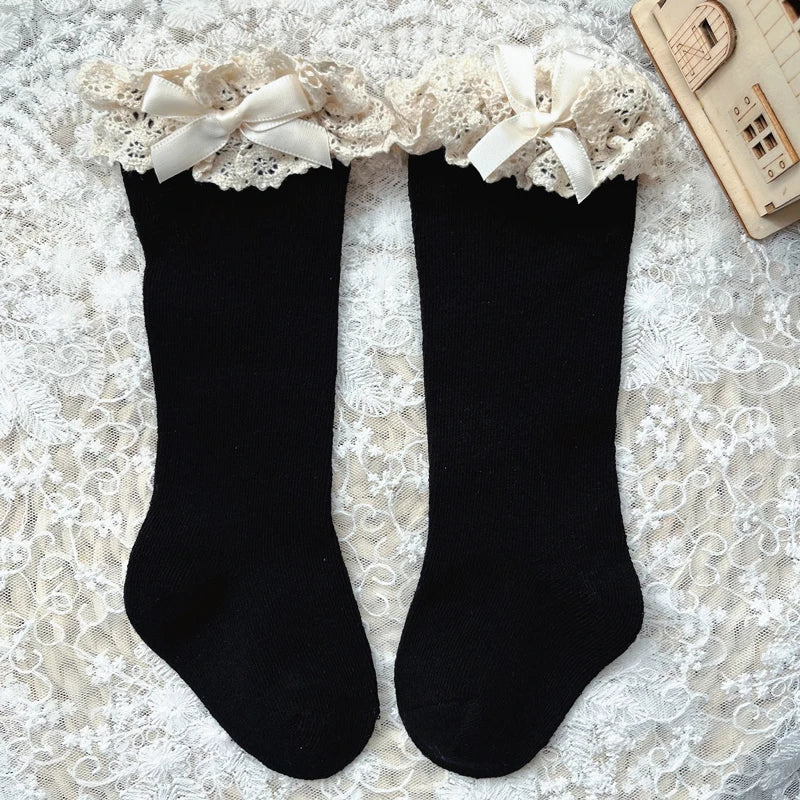 New Winter Autumn Baby Girls Knee High Socks Lace  Ruffle Long Sock Cotton Kids Toddlers Princess Christma Socken For 0-5Years