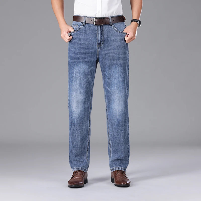 2026 Summer High Quality Brand Cloth Business Casual Men's Lightweight Straight Loose Jeans Classic Retro thin cotton trousers