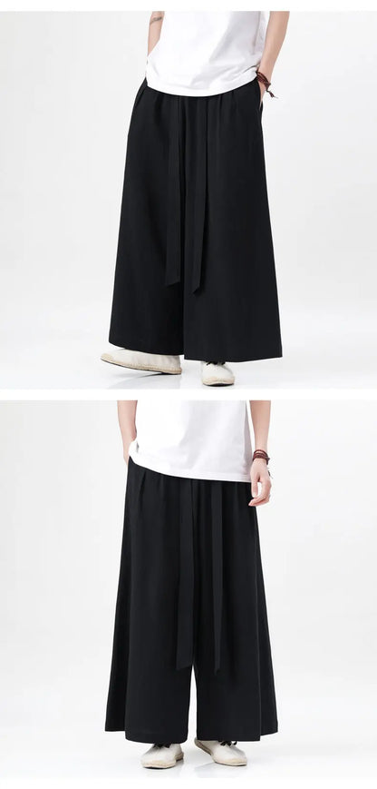 Chinese Style Linen Cotton Retro Pants Man Summer Kimono  Solid Color Traditional Pants Male Streetwear Casual Wide-Leg Trousers