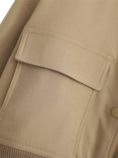 Women Bomber Jacket - Solid V Neck Single Breasted Polyester Coat With Pockets
