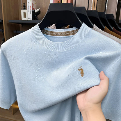 High-end Men's Crew Neck Knitted Sweater Casual Embroidered Trendy Base Shirt Short-sleeve T-shirt Solid Color Top for Summer