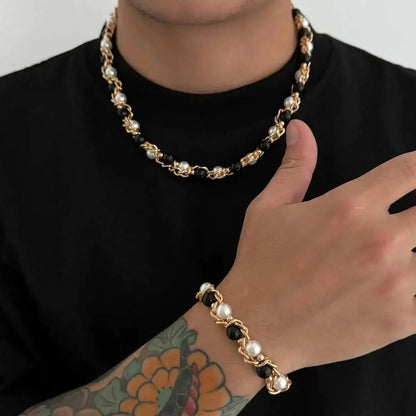 Lacteo 2025 Trendy Creative Imitation Pearl Beaded Chain Necklace Bracelet for Men Vintage Clavicle Chain Charm Jewelry Gift Set