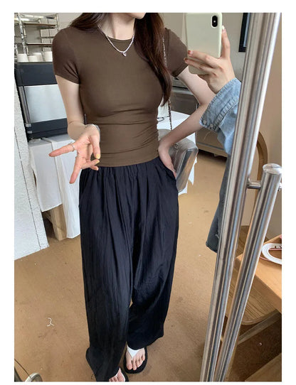 Basic Solid Crop Top Short Sleeve Crewneck Skinny T-shirt Summer Casual Tee for Women Y2K Vintage Top Harajuku Streetwear