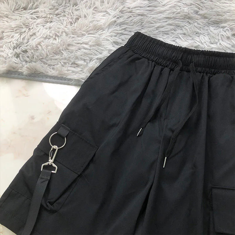 Summer Cargo Shorts Women Y2K Harajuku Streetwear Hip Hop with Chain Shorts Bf High Waist Baggy Wide Leg Short Pants New