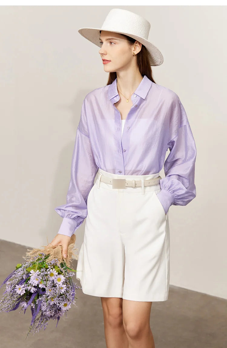 AMII Minimalist Blouse for Women 2023 Autumn Lantern Sleeve V-Neck Slightly Transparent Elegant Commuter Clothing Tops 72341030