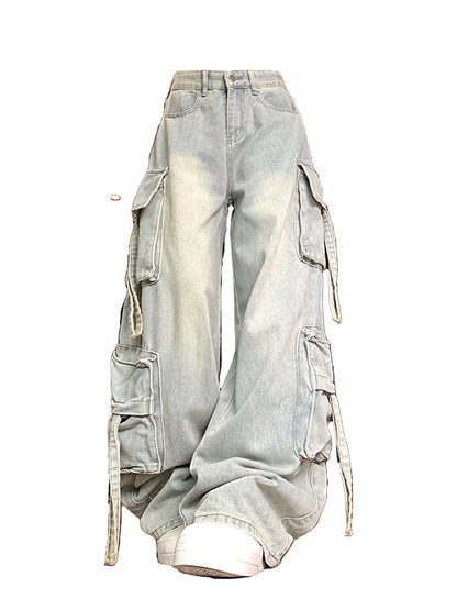 Women's Blue Multi Pocket Cowboy Pants Cargo Y2K Japanese Harajuku Streetwear Aesthetics Retro 90S Jeans Pants Clothing 2025 New