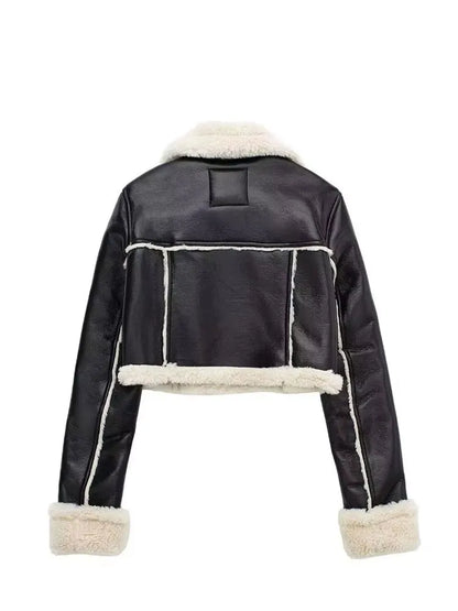 Faux Leather Jacket - Women's Winter Coat With Zipper Front & Turn-Down Collar