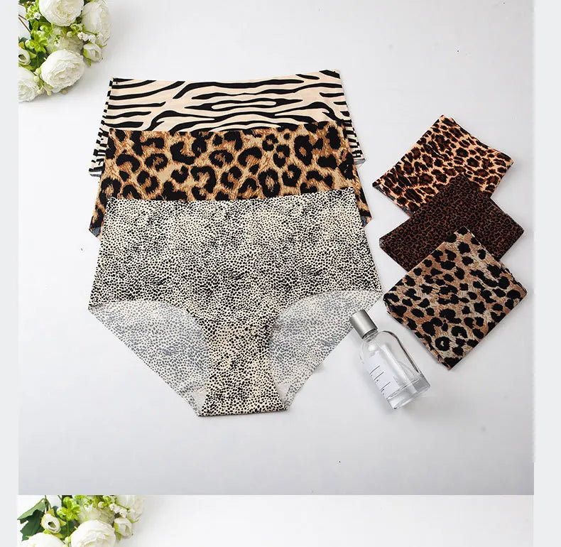 3pcs Women's Seamless Ice Silk Panties Female Mid Waist Plus Size Leopard Print Underwear Girls Fashion Brief Lady Comfort Panty