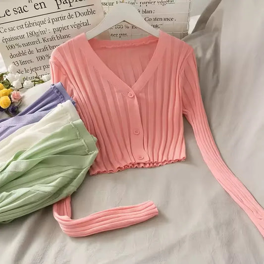 Women's Acrylic Long Sleeve V-Neck Button-Down Slim Cropped Ribbed Knit Cardigan Thin Solid Stretch Crop Top Knitwear