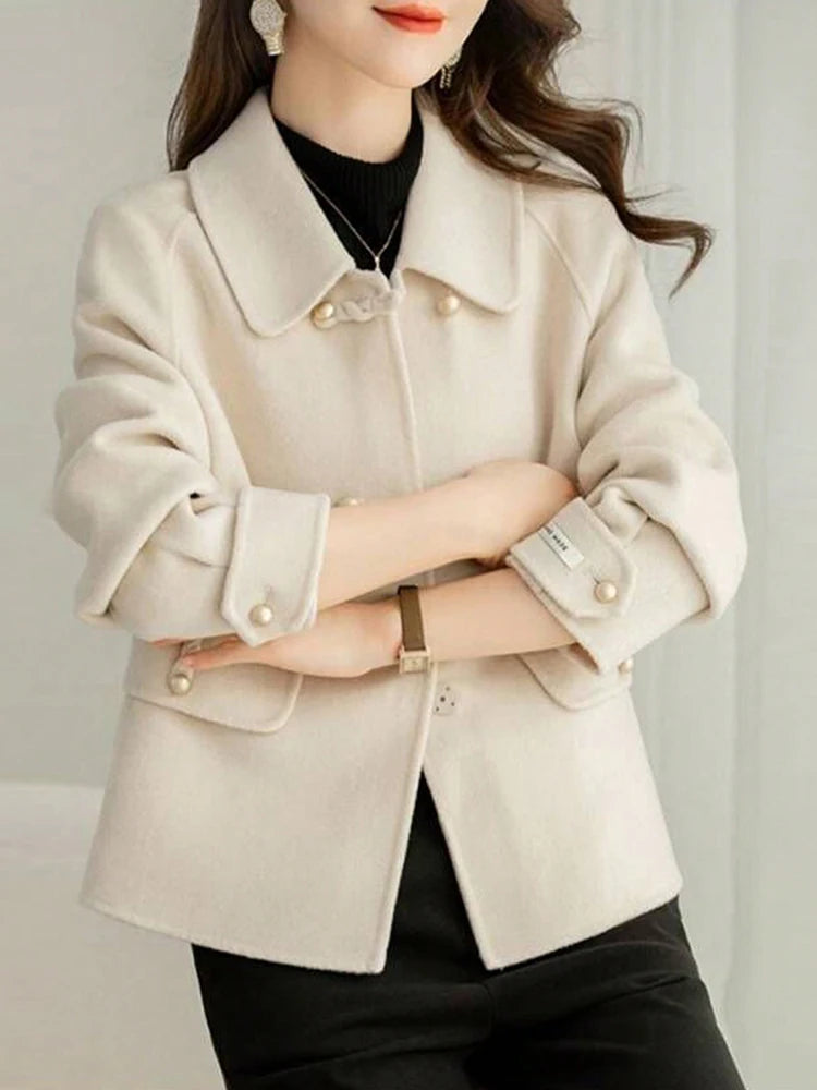 Short Coats Women – Elegant Double Breasted Formal Office Coat With Turn-Down Collar