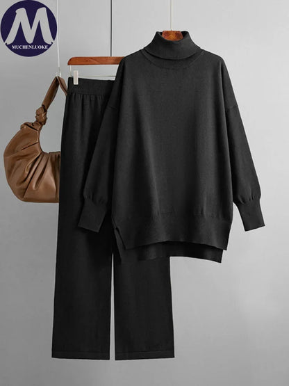 Women's Two Piece Set Autumn Winter High Collar Slit Knitted Sweater Pullover Fashion Casual Loose High Waist Pant Ensemble
