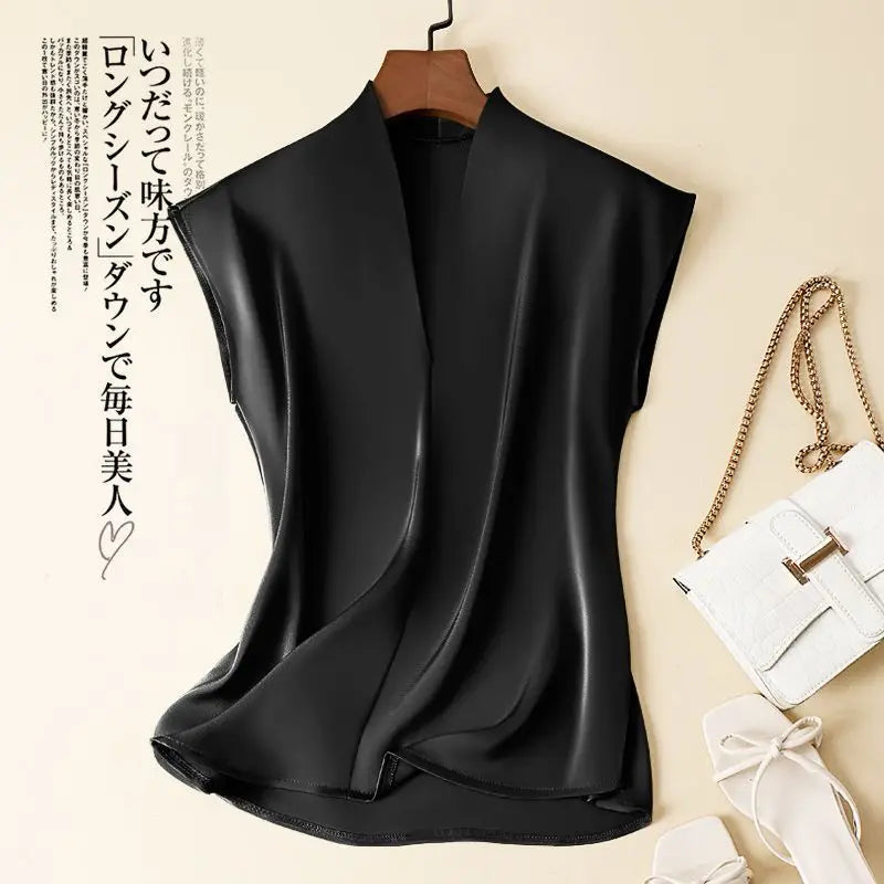 Coffee Silk Rayon V-Neck Pullover Sleeveless Casual Chic Women's Blouse Shirt Korean Fashion Female Clothing 2024 Summer