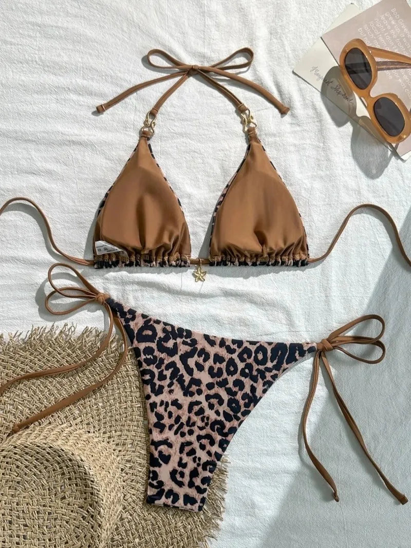 Leopard Print Bikini - Women's Halter Neck Swimsuit Set | Wire Free, Low Waist