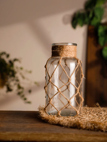Hand Woven Hemp Rope Glass Vase - Boho Nordic Dry Flower Decor