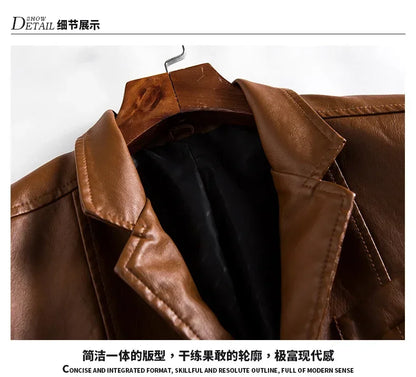 New Leather Jacket Men's Business Casual Lapel PU Leather Blazers Fashion Solid Slim Korean Style Leather Coat Big Size 6XL