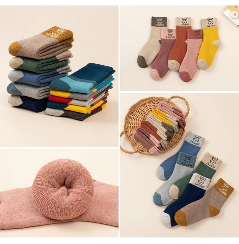 5 Pairs /bag Winter Children Socks Warm Autumn And Winter Plush Thicken Toddler Boys Girls Cotton Middle Tube Sock For 2-14 Year