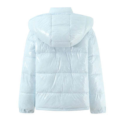 New Winter Fashion Women Bright Light Blue Zipper Up Bread Parka Coat Woman Stand Collar Removable Hooded Long Sleeve Outerwear