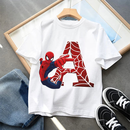 2026  New Children's Spider Man Cartoon Letter Printed T-shirt Cotton T-shirt Boys' Short Sleeved Top Children's Clothing