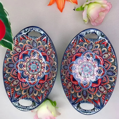 Bohemian Ceramic Salad Bowl Set - Microwave Safe Stackable Oval Plates with Handle 2PCS