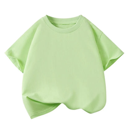 Children's Pure Cotton Short-Sleeved Solid Color Sports Casual Round-Neck T-Shirt Summer Breathable Soft Kid's Basic Top
