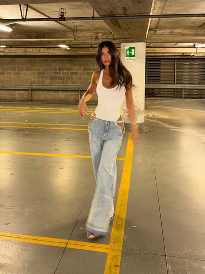 Women Low Waist Jeans Star Rhinestone Pants Cut Out Wide Leg Trousers Light Wash Distressed Denim Pants Street Woman Clothes