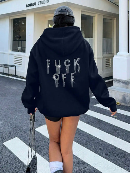 Women's Casual Everyday Rhinestone Letter Graphic Loose Hoodie Sweatshirt, Autumn Thermal  Hoodie Hoodies Women