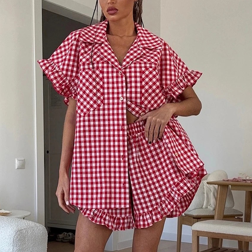 Linad Office Single-Breasted Shirts Elegant Plaid High Waist Shorts With Button Up Shirts 2 Piece Set Street Chic Outfits Summer
