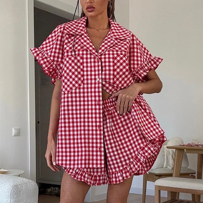 Linad Office Single-Breasted Shirts Elegant Plaid High Waist Shorts With Button Up Shirts 2 Piece Set Street Chic Outfits Summer