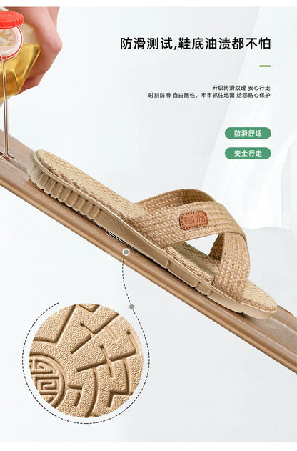 Men Shoes Slippers Linen Home Indoor Open Toe Flat Shoe Beach Slippers Striped Spliced Rubber Sandals Zapatillas Hombre