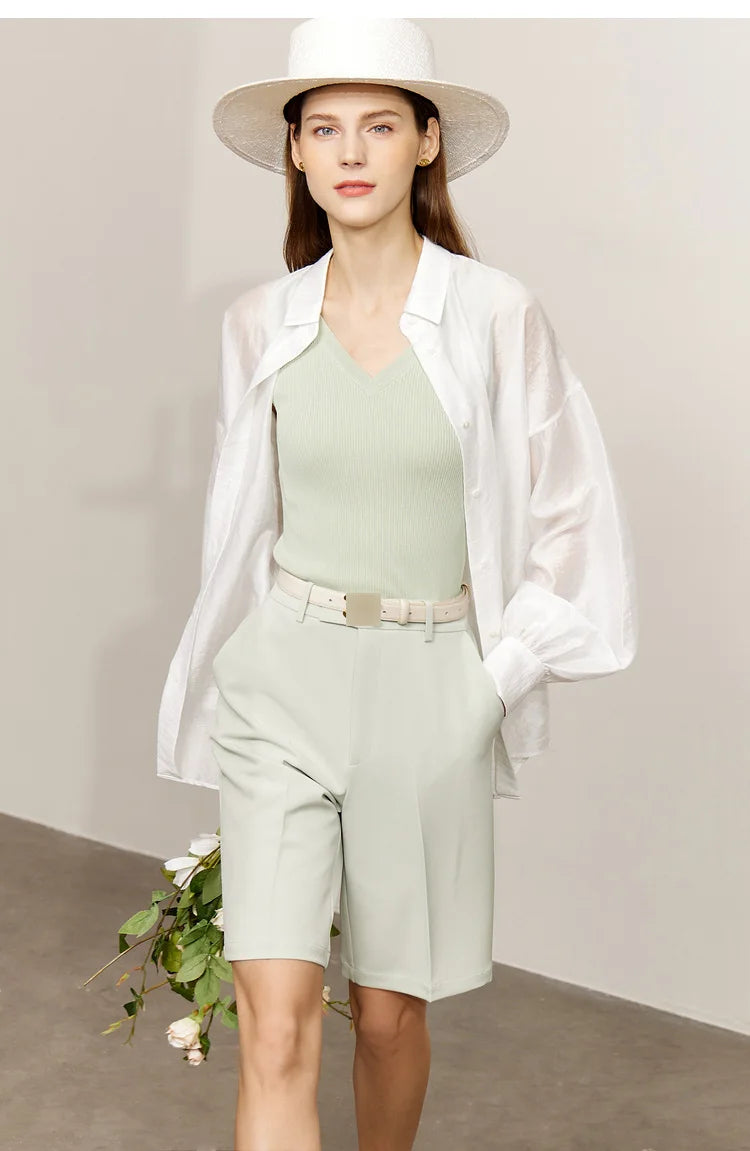 AMII Minimalist Blouse for Women 2023 Autumn Lantern Sleeve V-Neck Slightly Transparent Elegant Commuter Clothing Tops 72341030