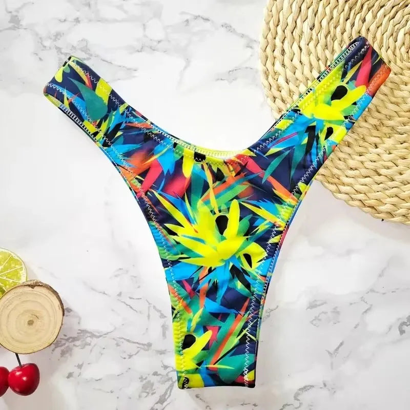 Sexy Floral Print Brazilian Bikini Bottom Women's Swimwear High Waisted New V Thong Swimsuit Bathing Suit Women Swimwear Women