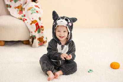 Baby Winter Rompers - Soft Polyester Hooded Jumpsuit With Animal Pattern, Machine Washable