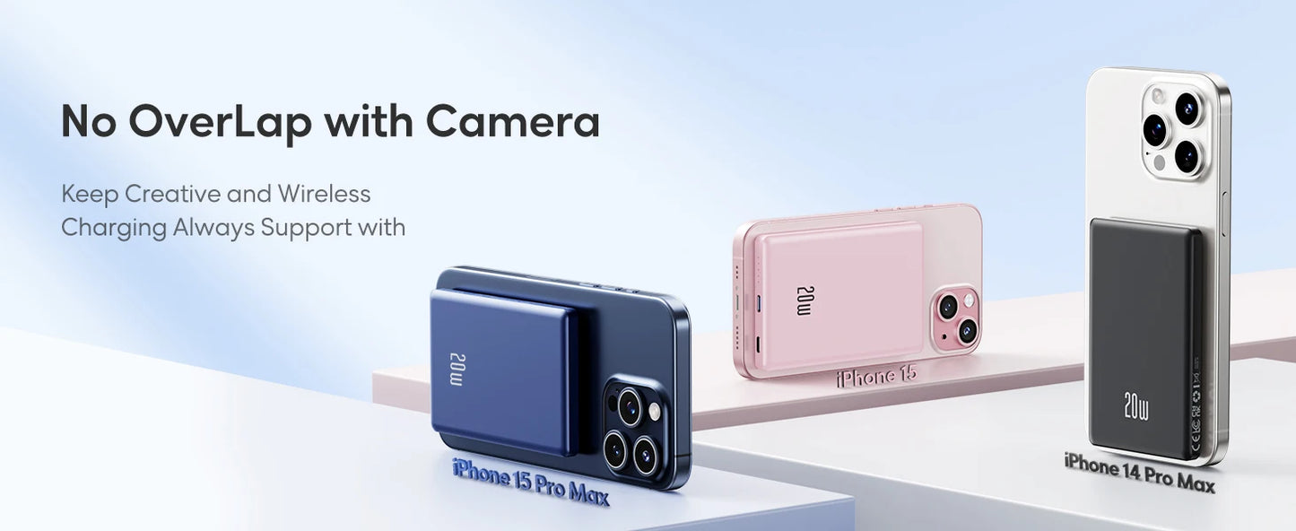 5000mAh Magnetic Power Bank, Wireless & 20W Fast Charger, for iPhone, Samsung (Type-C), Travel Portable Phone Battery Pack.