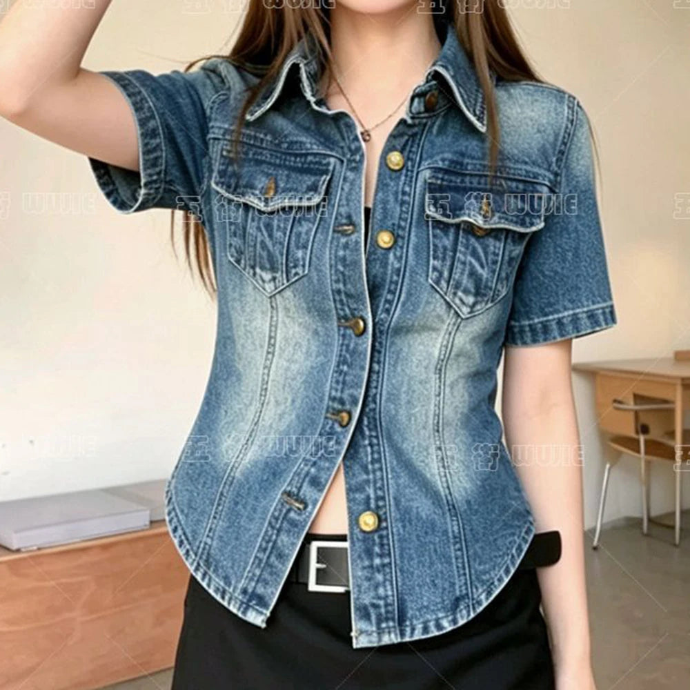 French retro Polo collar short-sleeved denim jacket women's summer 2026 fashion  loose single-breasted temperament top