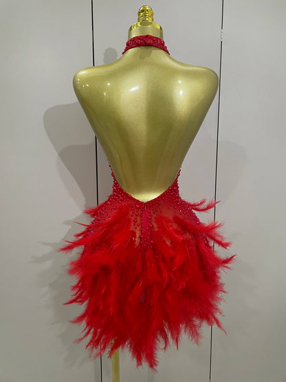 Backless Halter Dress - Women's Party Mini Sheath With Rhinestone & Feather Details